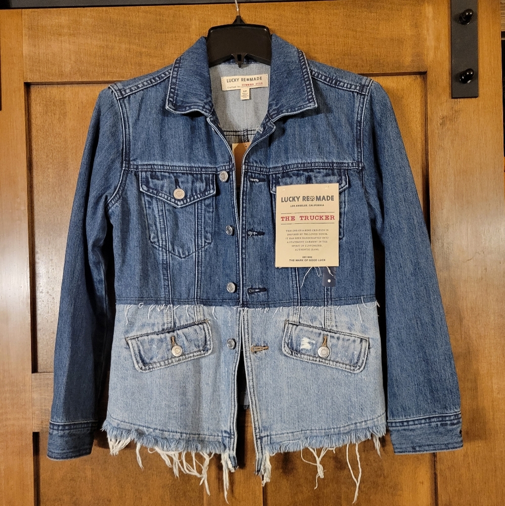 NWT Lucky Brand Trucker denim Jacket eco recycled "Remade" two tone Size Small